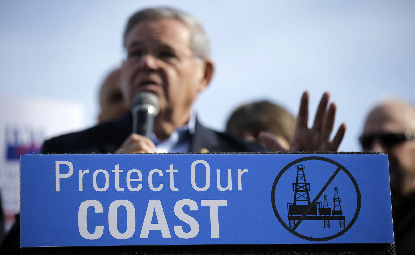 Sen. Bob Menendez addresses a large rally in Asbury Park, N.J., opposing federal plans that would allow oil and gas drilling in the Atlantic Ocean, Jan. 31, 2016. (AP/Mel Evans)