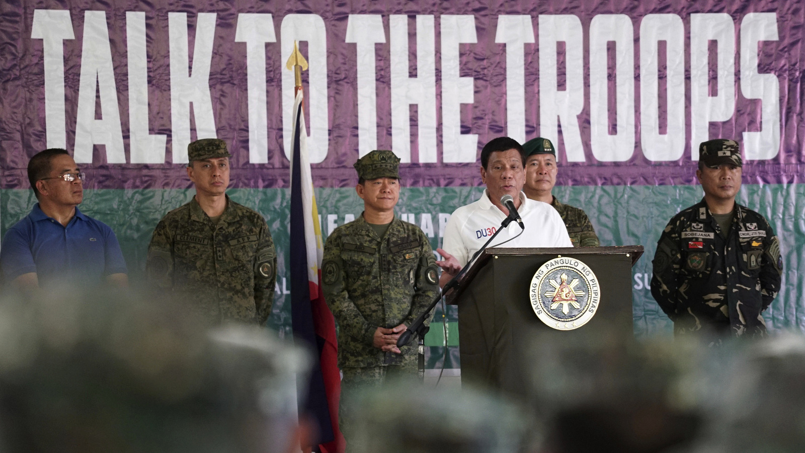 President Rodrigo Duterte, talks to troopers during his visit in Jolo, Sulu province, Mindanao, southern Philippines. (Presidential Communications Operations Office)