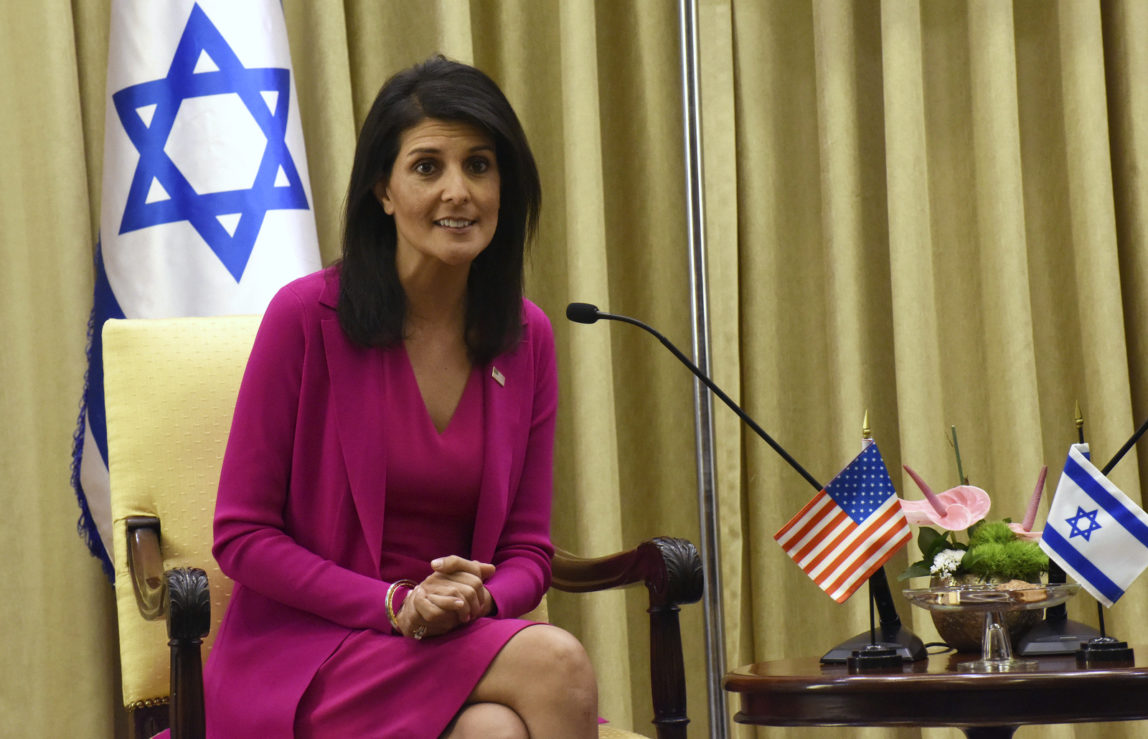 U.S. Ambassador to the United Nations Nikki Haley speaks during a meeting with Israeli President Reuven Rivlin, not seen, in his residence in Jerusalem, Israel, June 7, 2017. (Debbie Hill/AP)