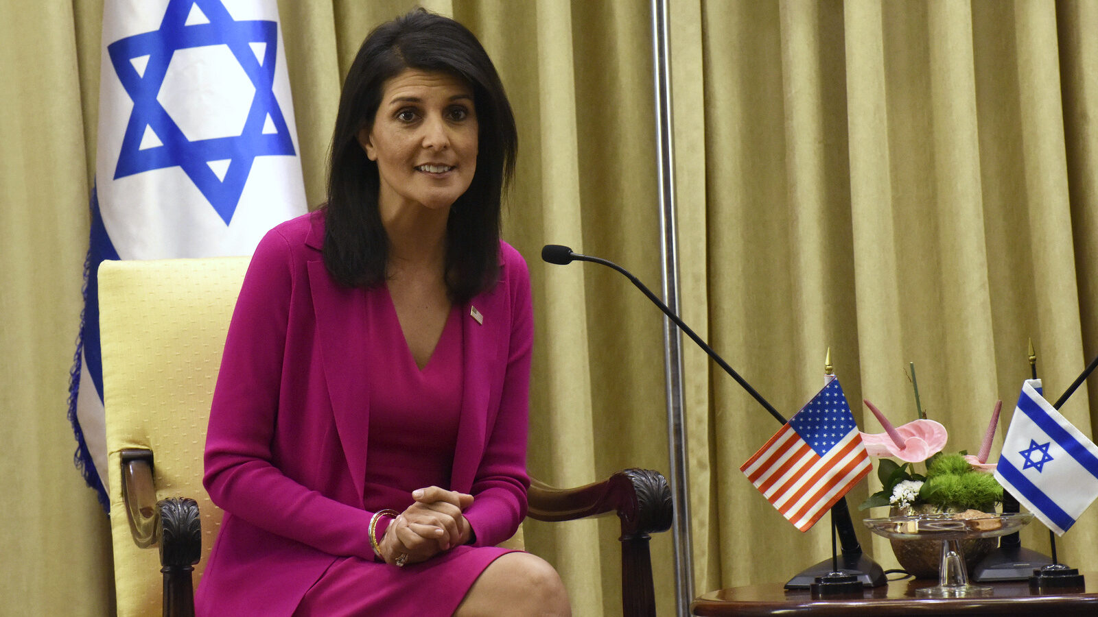 U.S. Ambassador to the United Nations Nikki Haley speaks during a meeting with Israeli President Reuven Rivlin, not seen, in his residence in Jerusalem, Israel, June 7, 2017. (Debbie Hill/AP)