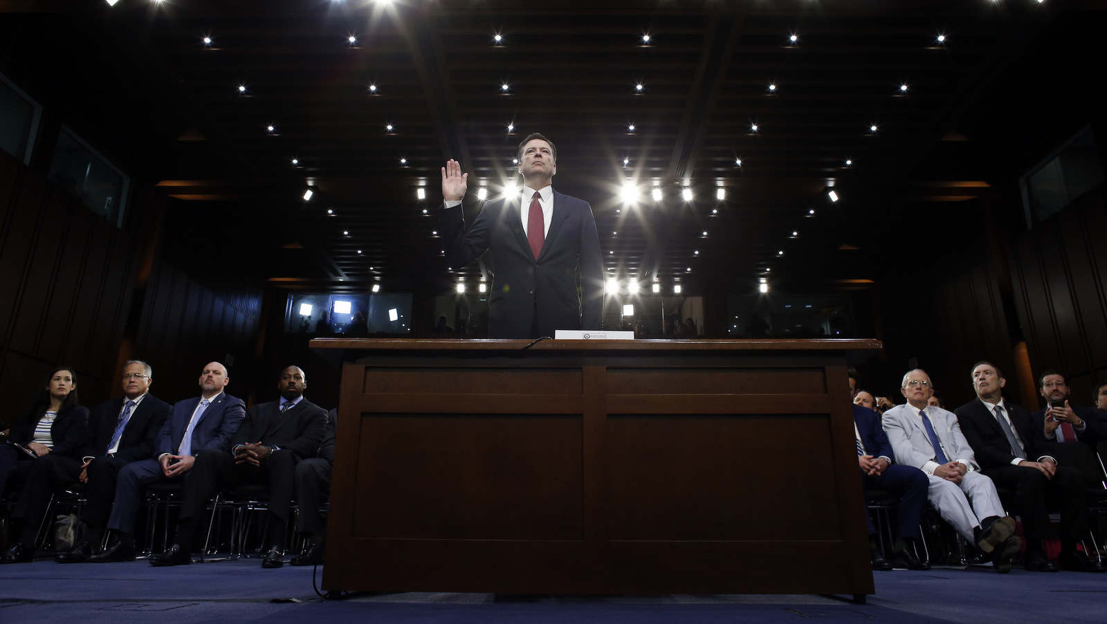 Former FBI Director James Comey is sworn in during a Senate Intelligence Committee hearing on Capitol Hill, Thursday, June 8, 2017, in Washington. (AP/Alex Brandon)