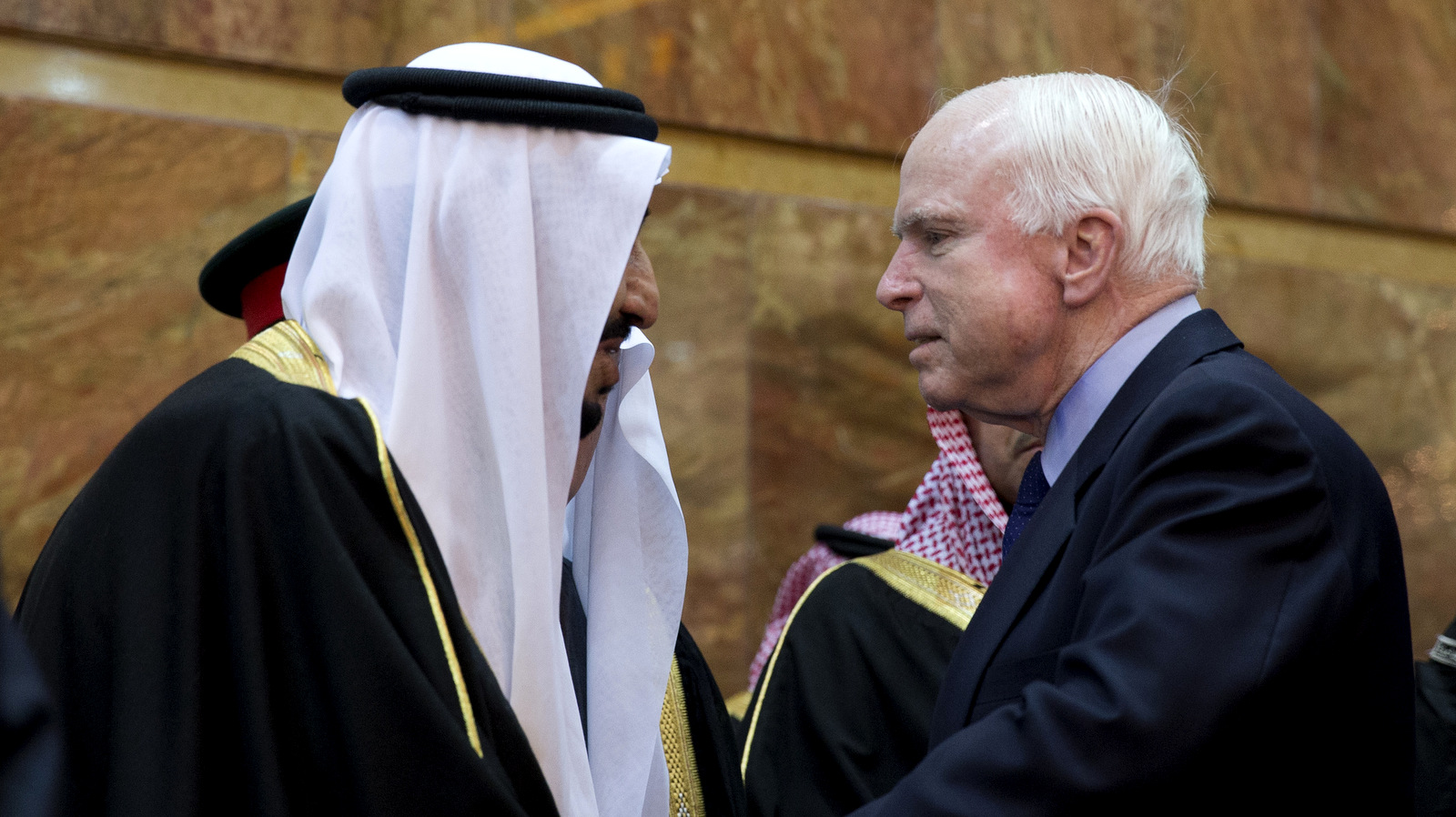 U.S. Sen. John McCain, R-Ariz., greets Saudi Arabia's King, Salman bin Abdul Aziz in Riyadh, Saudi Arabia. (AP/Carolyn Kaster)