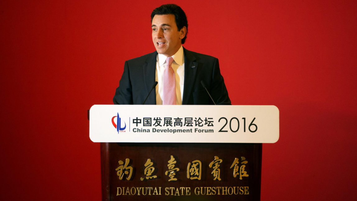Ford CEO Mark Fields speaks during the opening ceremony of the China Development Forum at the Diaoyutai State Guesthouse in Beijing, (AP/Mark Schiefelbein)