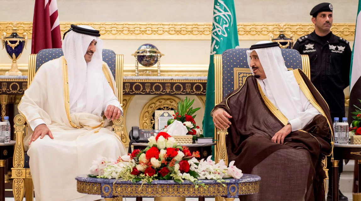 King Salman of Saudi Arabia, right, welcomes Qatar's Emir Sheikh Tamim bin Hamad Al-Thani upon his arrival to Riyadh Airbase before the opening of Gulf Cooperation Council summit in Riyadh, Saudi Arabia, May 5, 2015. (Saudi Press Agency/AP)