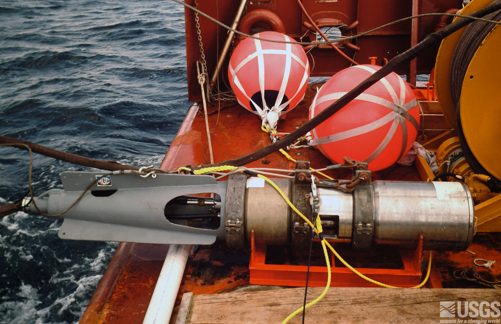 A 540 cu. inch seismic air gun the on deck of the R/V Gyre. (Photo: USGS)