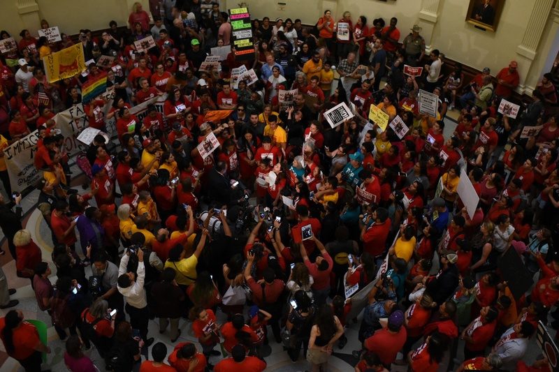 The floor of the state Capitol is packed with protesters opposed to Senate Bill 4, the "sanctuary cities" bill, on May 29, 2017. Erika Rich for The Texas Tribune