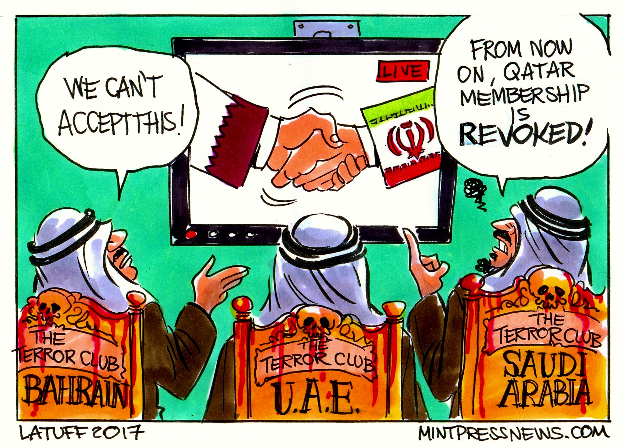 Saudi Arabia UAE Bahrain Egypt cut ties with Qatar over terrorism MintPressNews cartoon