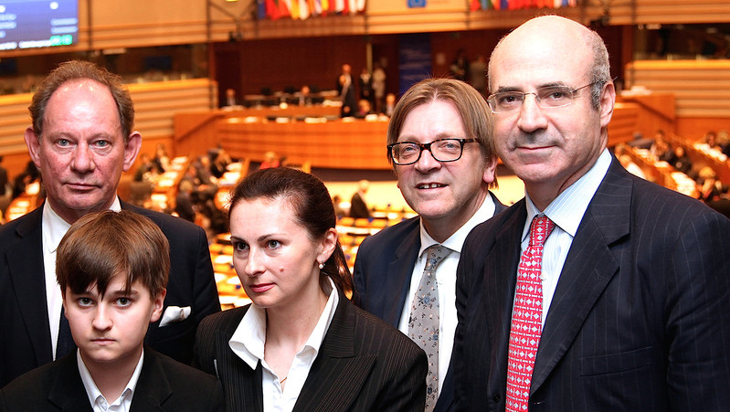 Financier William Browder (right) with Magnitsky’s widow and son, along with European parliamentarians.
