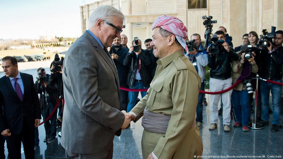 German Foreign Minister Frank-Walter Steinmeier pledges German military support to the Kurds in northern Iraq during a meeting in Erbil with Masoud Barzani, president of the Iraqi Kurdistan region. 