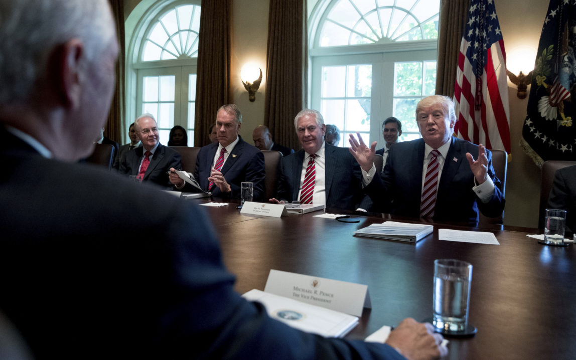 Flanked by former Exxon executive, now Secretary of State Rex Tillerson, President Donald Trump speaks during a cabinet meeting., June 12, 2017. (AP/Andrew Harnik)