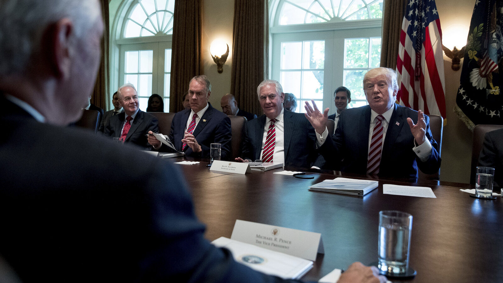 Flanked by former Exxon executive, now Secretary of State Rex Tillerson, President Donald Trump speaks during a cabinet meeting., June 12, 2017. (AP/Andrew Harnik)