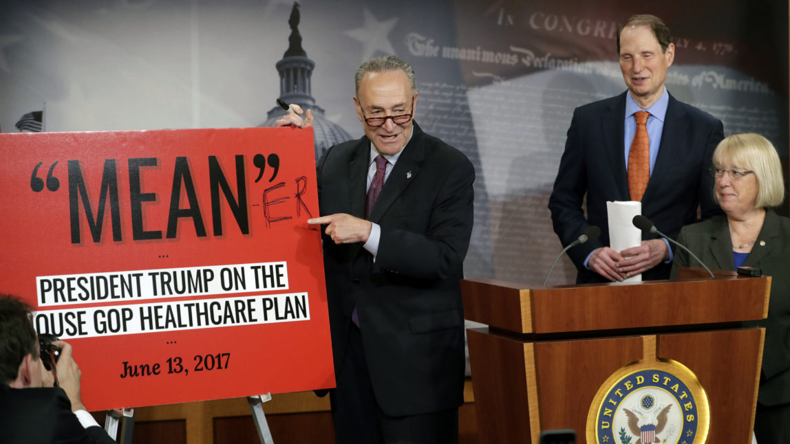 Senate Minority Leader Chuck Schumer, D-N.Y., joined by Sen. Patty Murray, D-Wash., and Sen. Ron Wyden, D-Ore., responds to the release of the Republicans' healthcare bill which represents the long-awaited attempt to scuttle much of President Barack Obama's Affordable Care Act, at the Capitol in Washington, Thursday, June 22, 2017. (AP/J. Scott Applewhite)