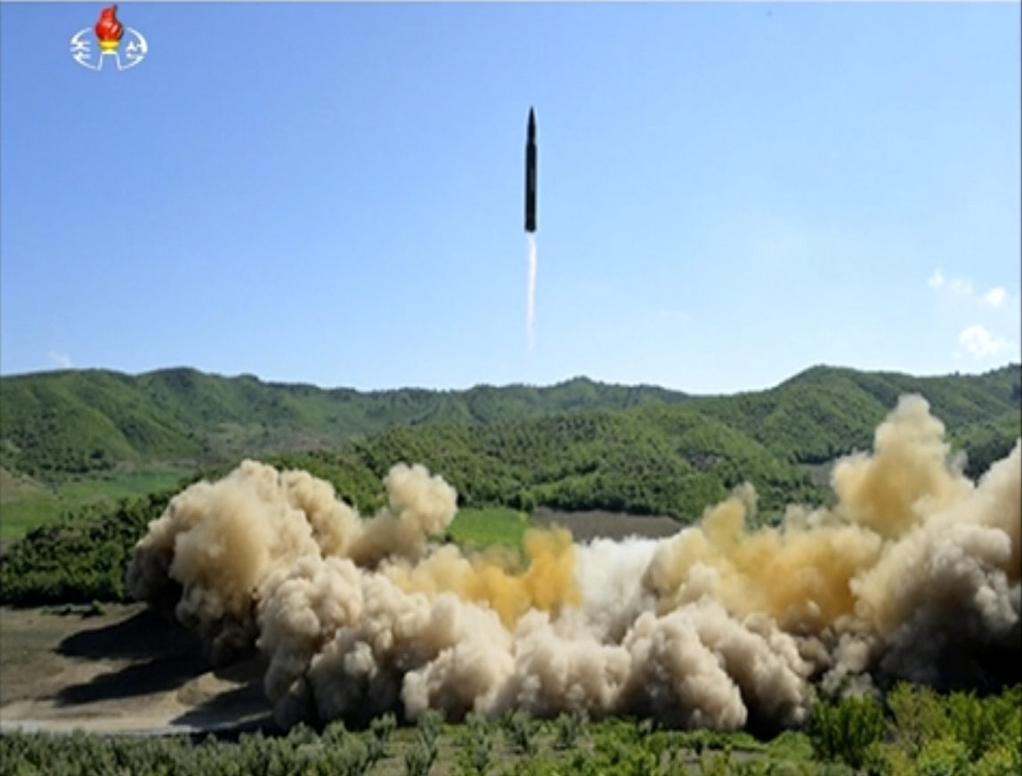 This image made from video of a news bulletin aired by North Korea's KRT on Tuesday, July 4, 2017, shows what was said to be the launch of a Hwasong-14 intercontinental ballistic missile, ICBM, in North Korea's northwest. (KRT/AP Video)