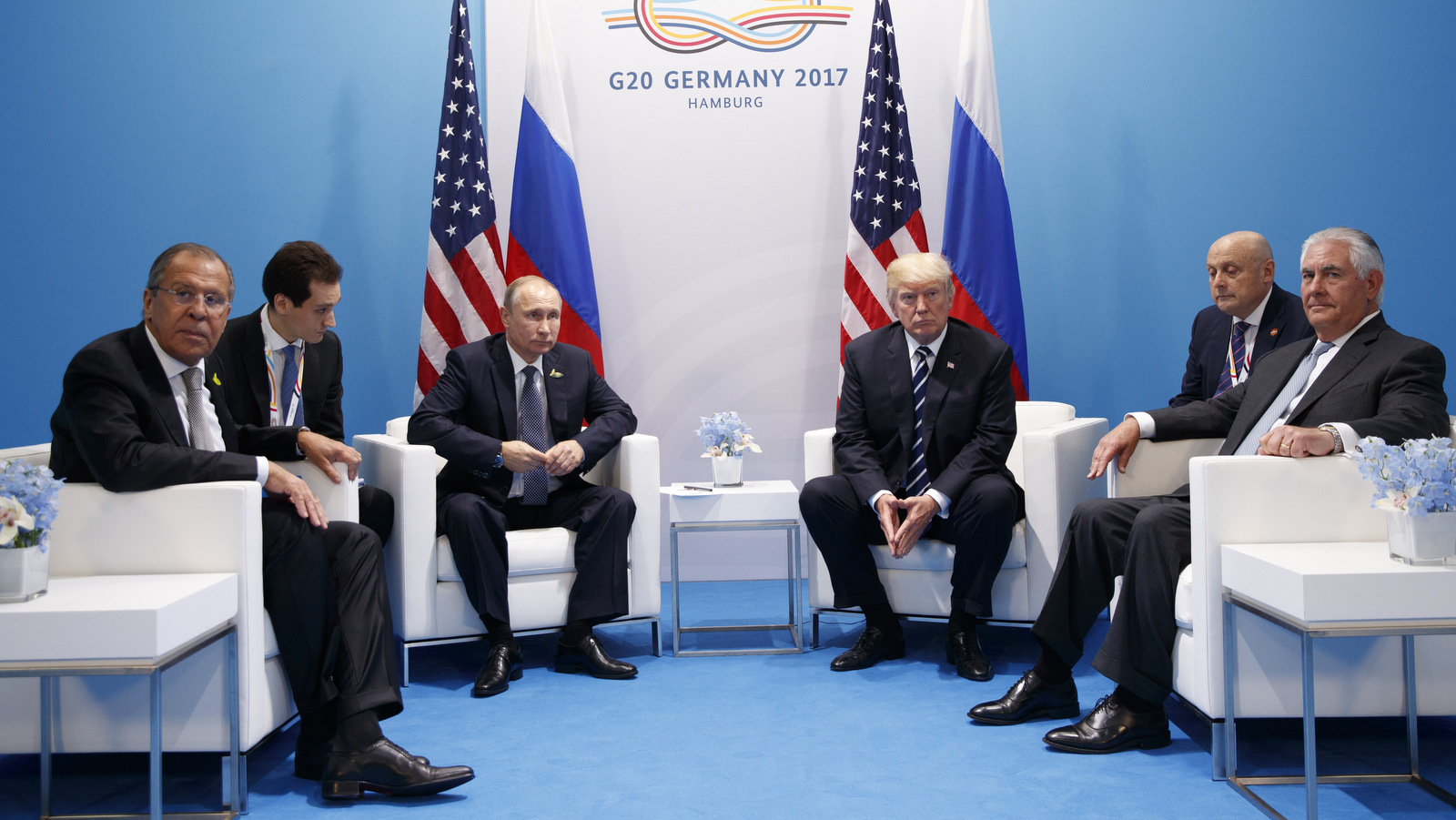 Donald Trump meets with Russian President Vladimir Putin at the G20 Summit, in Hamburg. A separate US-Russia-brokered truce for southern Syria, brokered by the U.S. and Russia, is finding support by both Iran and Israel.Russian Foreign Minister Sergey Lavrov is at left, Secretary of State Rex Tillerson is at right. (AP/Evan Vucci)