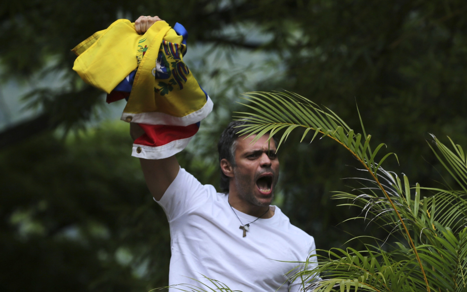 Opposition leader Leopoldo Lopez holds a Venezuelan national flag as he greets a group of opposition protesters outside his home in Caracas, Venezuela, July 8, 2017. (AP/Fernando Llano)