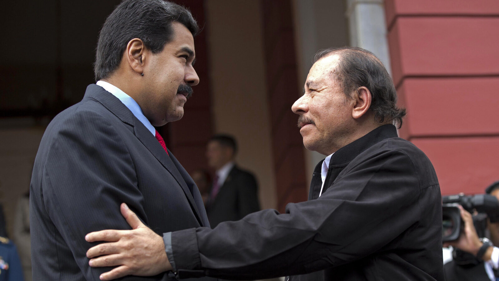 Venezuela's President Nicolas Maduro, left, welcomes Nicaragua's President Daniel Ortega in Caracas, Venezuela, March 17, 2015. Nicaragua has drawn the ire of the U.S. over it's friendly relations with Venezuela. (AP/Ariana Cubillos)