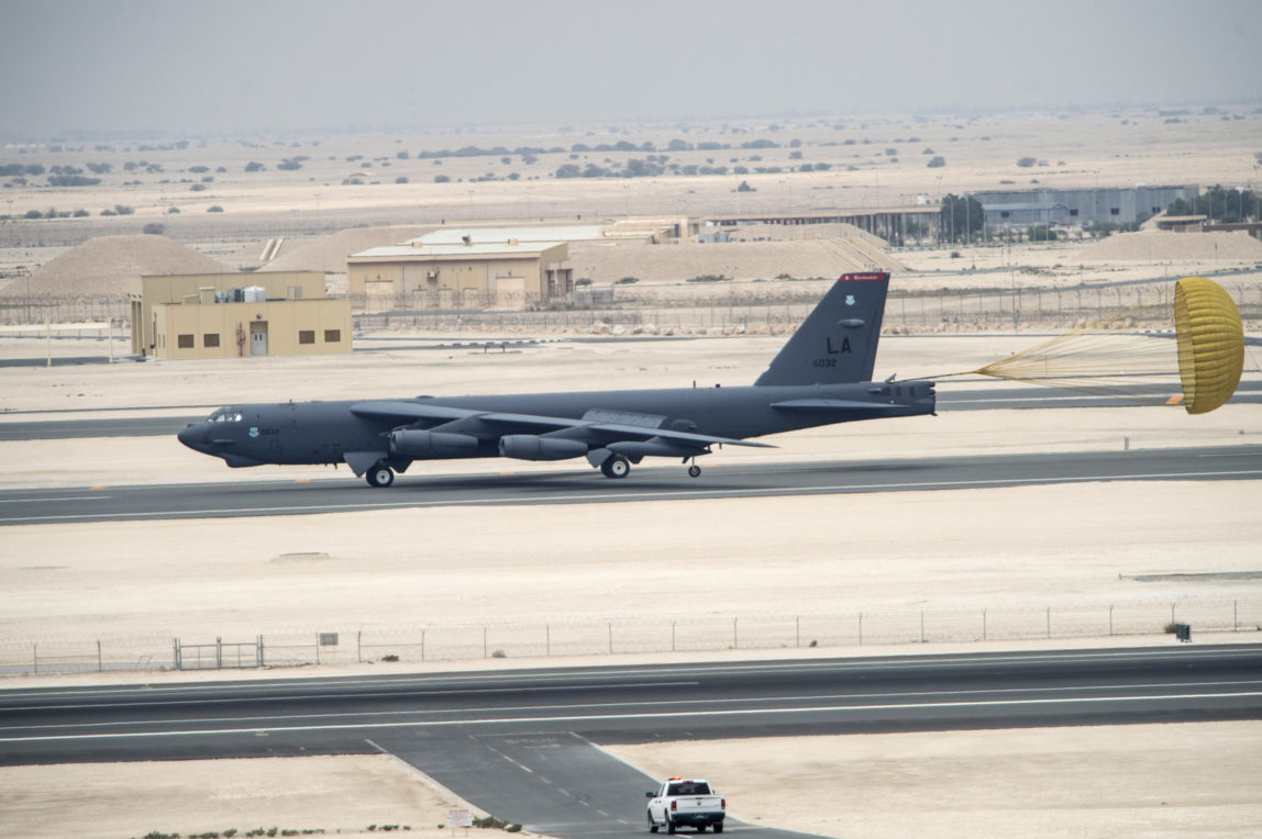 A U.S. Air Force B-52 Stratofortress aircraft from Barksdale Air Force Base, Louisiana, arrive at Al Udeid Air Base, Qatar, April 9, 2016. (U.S. Air Force via AP)