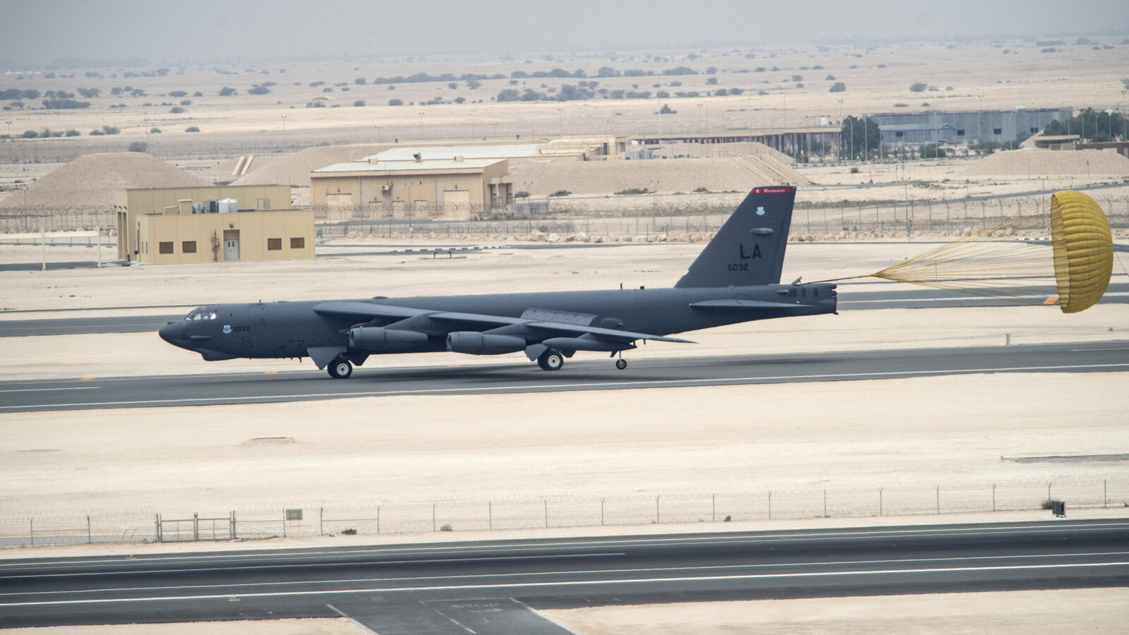 A U.S. Air Force B-52 Stratofortress aircraft from Barksdale Air Force Base, Louisiana, arrive at Al Udeid Air Base, Qatar, April 9, 2016. (U.S. Air Force via AP)