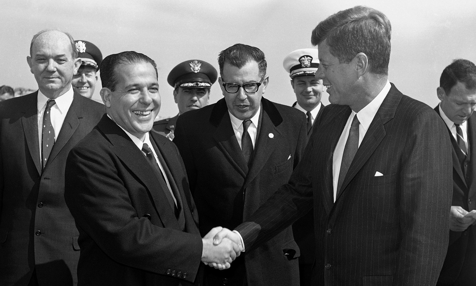 President John F. Kennedy greets Brazilian President Joao Goulart at Andrews Air Force Base, near Washington, on April 3, 1962, just two years before Goulart was overthrown bya CIA-orchestrated coup.(AP Photo)