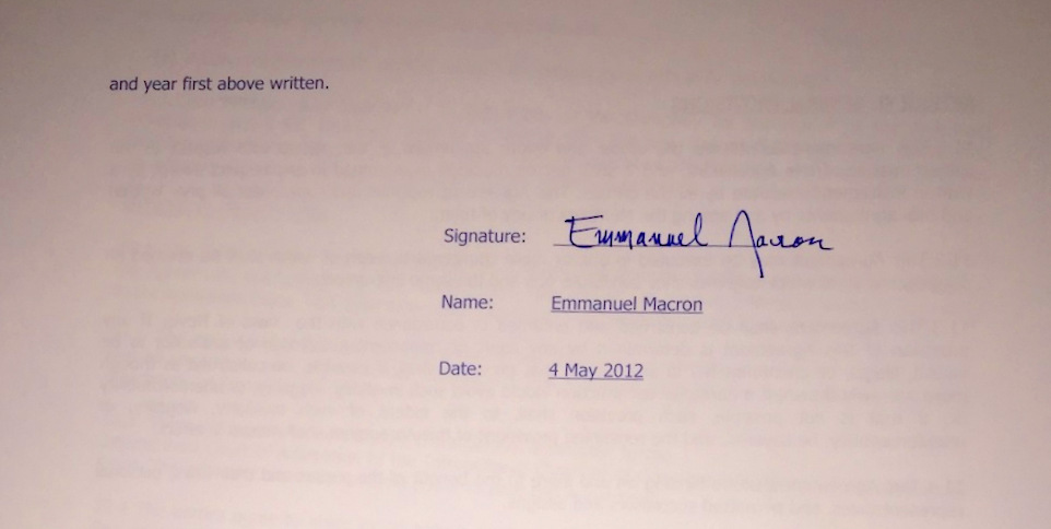 A screenshot of  the alleged Macron signature on a hacked operating agreement (Photo: Zerohedge)