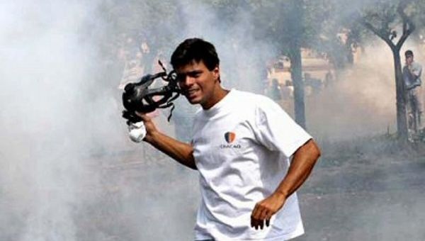 Leopoldo LÃ³pez tiene una mÃ¡scara de gas mientras participa en el golpe de 2002 contra Hugo ChÃ¡vez. (Foto de archivo)