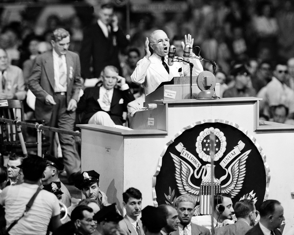 President Harry S. Truman accepts the Democratic presidential nomination in a speech during the Democratic National Convention at Convention Hall in Philadelphia. July 15, 1948. Truman was a non-active member of the Klan until we quite the group over it's discrimination of white Catholics. (AP Photo)