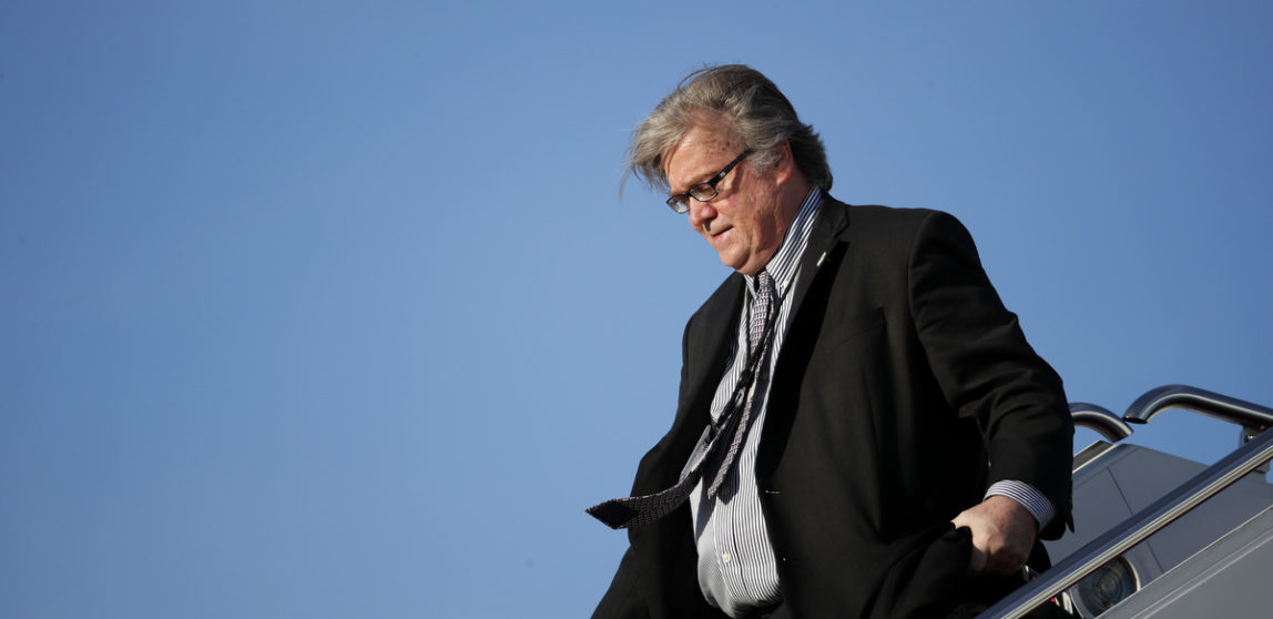 White House chief strategist Steve Bannon steps off Air Force One as he arrives, April 9, 2017, at Andrews Air Force Base, Md. (AP/Alex Brandon)