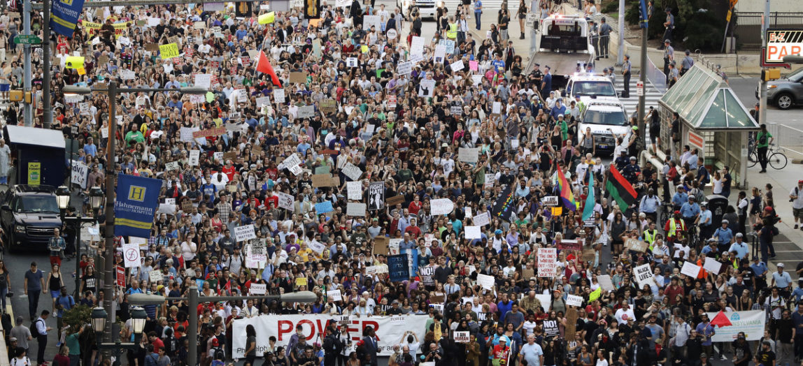 Protesters march down North Broad Street in Philadelphia, Aug. 16, 2017, in response to a white nationalist rally held in Charlottesville, Va., over the weekend. (AP/Matt Slocum)