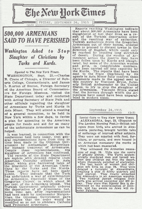 A New York Times article from 1915 addressing the mass slaughter of Christians at the hands of Turks and Kurds. (Courtesy of armenian-genocide.org)