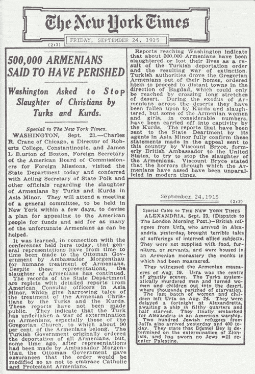 Un artículo del New York Times de 1915 que aborda la matanza masiva de cristianos a manos de turcos y kurdos. (Cortesía de armenian-genocide.org)