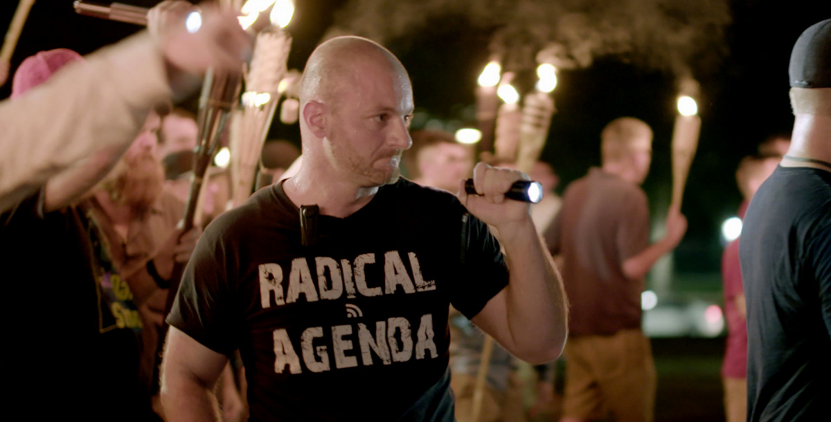Christopher Cantwell attends a white nationalist rally in Charlottesville, Va. (Vice News via AP)