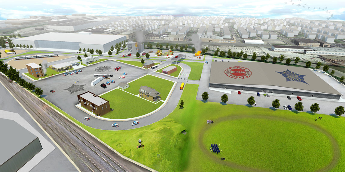 Top photo | An artist's rendering of the city of Chicago's planned $95 million public safety training campus in West Garfield Park, to replace the city's police and fire training academies. (Photo: Chicago City Hall)