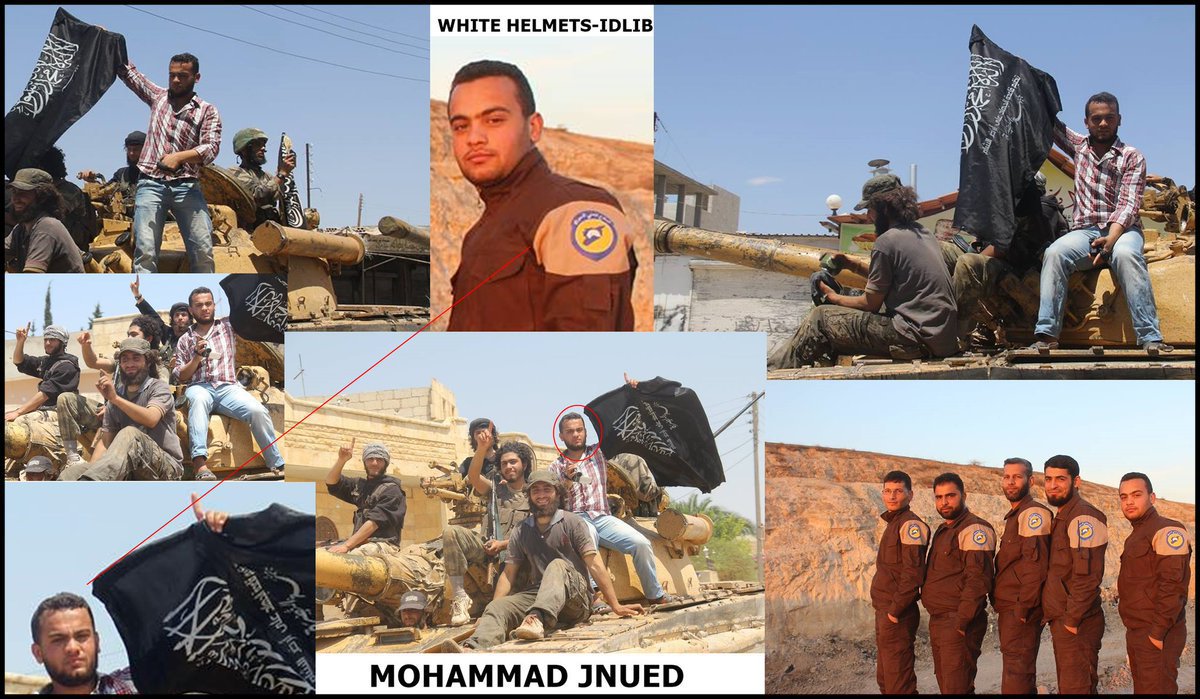 Images taken from the Facebook page of White Helmets operative Mohammad Jnued showing him holding the Nusra Front flag.