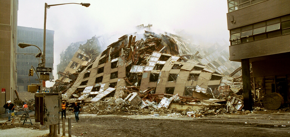 A hoto of World Trade Center 7 taken a few days after the September, 11th 2001 attacks on New York City.