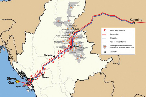 Map showing the route of the China-Myanmar oil and gas pipelines. (Image: Shwe Gas Movement)
