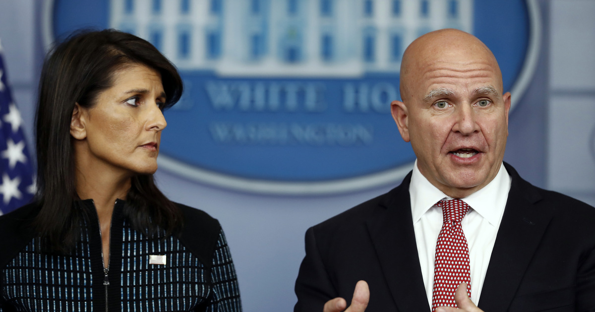 National security adviser H.R. McMaster, right, and U.S. Ambassador to the UN Nikki Haley, participate in a news briefing at the White House, in Washington, Sept. 15, 2017. (AP/Carolyn Kaster)