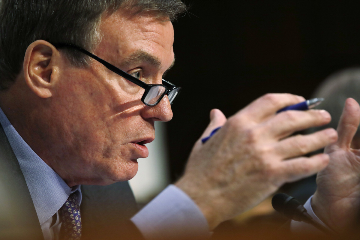 Senate Intelligence Committee Vice Chairman Sen. Mark Warner, D-Va., asks questions during a committee hearing on Capitol Hill in Washington. Warner is writing a bill that would require social media companies to disclose who funded political ads, similar to television broadcasters, June 13, 2017. (AP/Jacquelyn Martin)