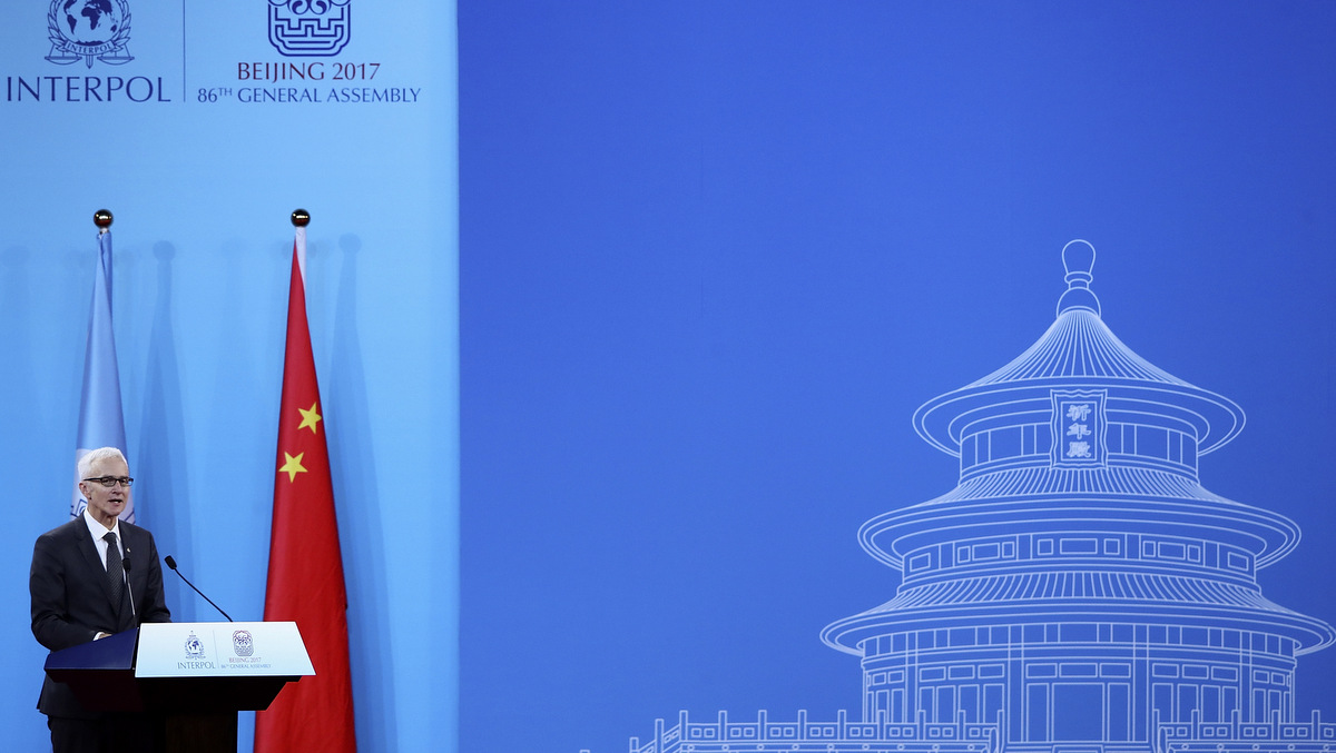 Secretary General of Interpol Jurgen Stock speaks during the 86th Interpol General Assembly at Beijing National Convention Center Tuesday, Sept. 26, 2017 in Beijing. (Lintao Zhang/Getty Images via AP)