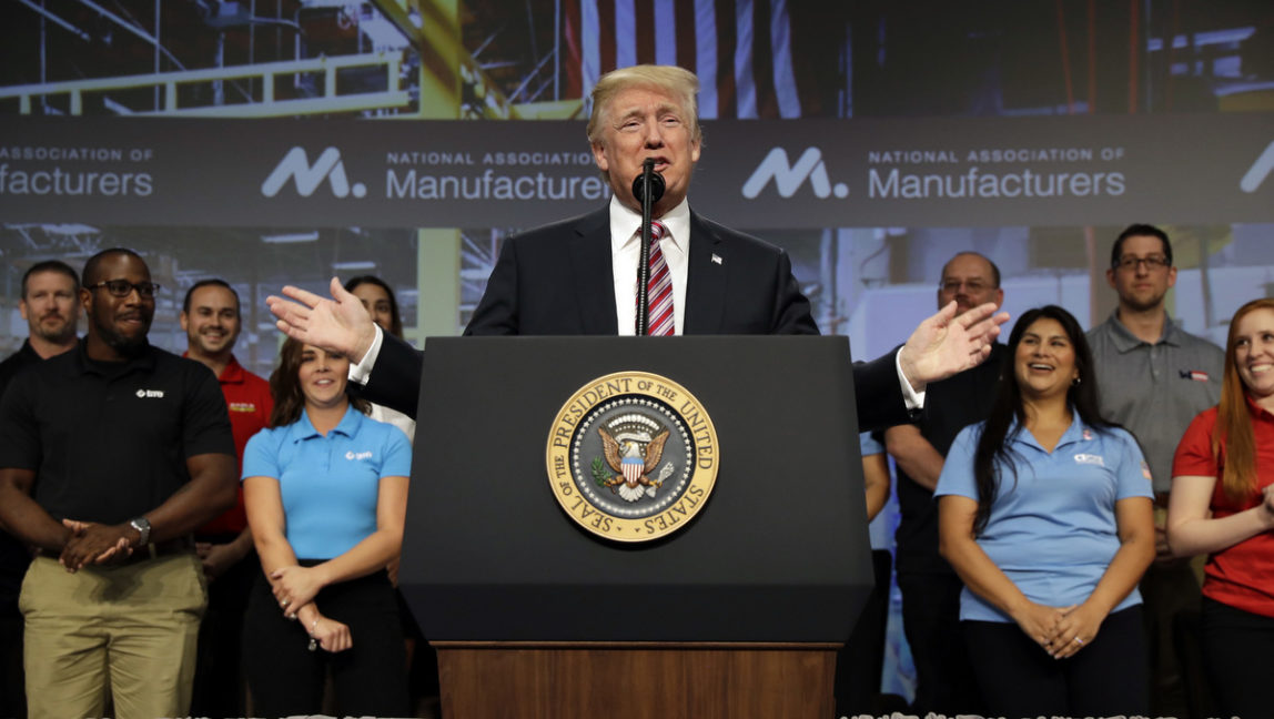 President Donald Trump speaks to the National Association of Manufactures at the Mandarin Oriental hotel, Friday, Sept. 29, 2017, in Washington. (AP/Evan Vucci)