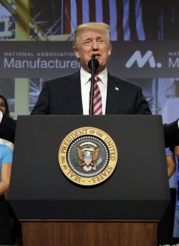 President Donald Trump speaks to the National Association of Manufactures at the Mandarin Oriental hotel, Friday, Sept. 29, 2017, in Washington. (AP/Evan Vucci)