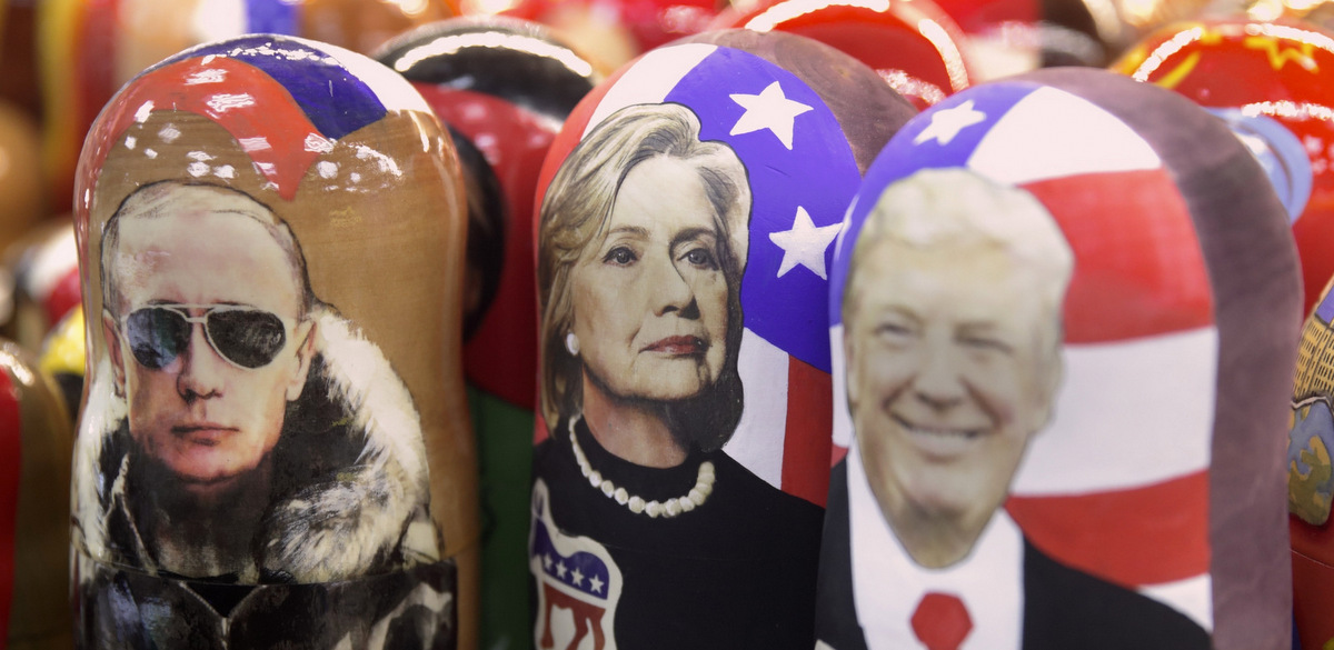 Traditional Russian Matreskas depicting Vladimir Putin, Hillary Clinton and Donald Trump displayed in a shop in Moscow. Nov. 8, 2016. (AP/Pavel Golovkin)