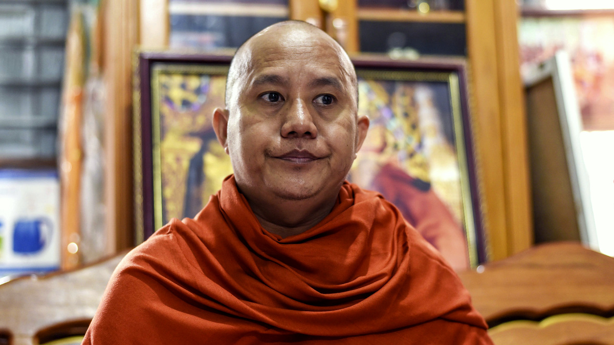In this Nov. 12, 2016 photo, Wirathu, a high-profile leader of the Myanmar Buddhist organization known as Ma Ba Tha, is interviewed at his monastery in Mandalay, Myanmar. The nationalist monk is blamed for whipping up bloody anti-Muslim fervor, and said he feels vindicated by the election of Donald Trump. (AP Photo/Aung Naing Soe)