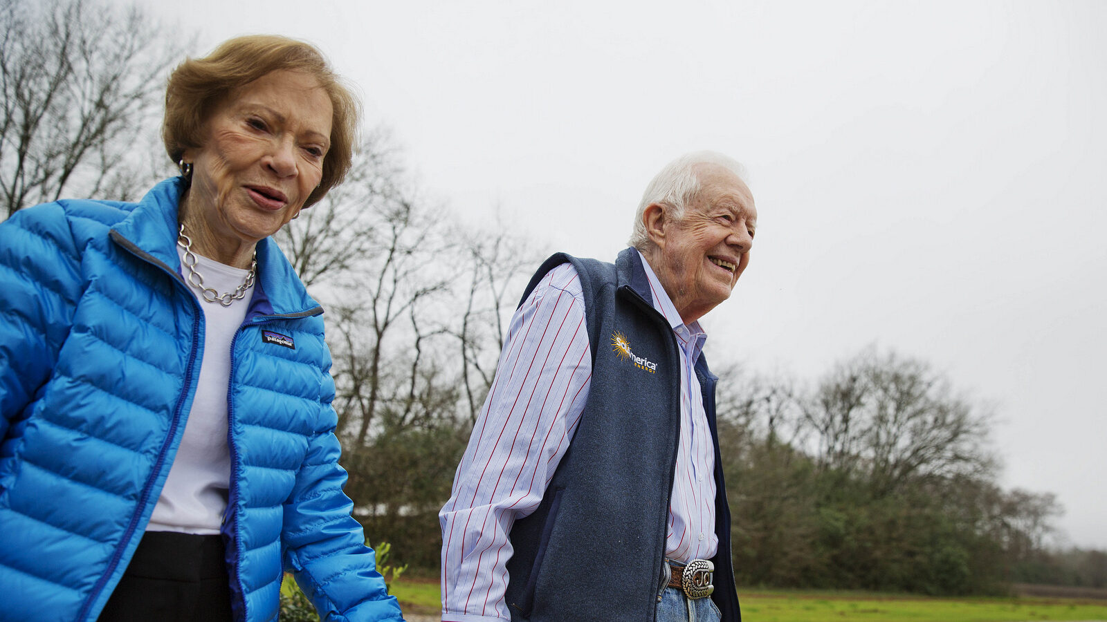 Former President Jimmy Carter, right, and his wife Rosalynn arrive for a ribbon cutting ceremony for a solar panel project on farmland he owns in their hometown of Plains, Ga., Wednesday, Feb. 8, 2017.(AP/David Goldman)