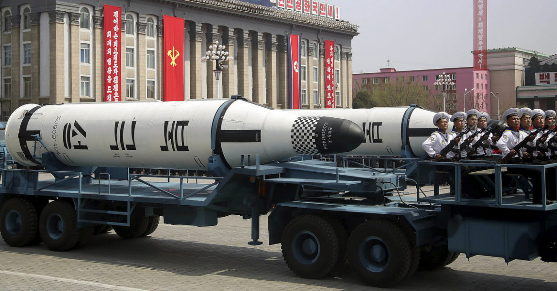 A submarine missile is paraded across Kim Il Sung Square during a military parade in Pyongyang, North Korea to celebrate the 105th birth anniversary of Kim Il Sung, the country's late founder and grandfather of current ruler Kim Jong Un, April 15, 2017. (AP Photo/Wong Maye-E)