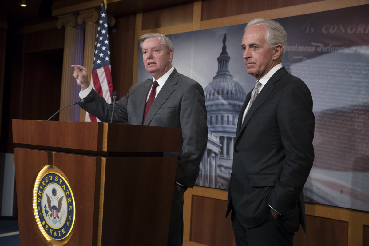 Sen. Lindsey Graham, R-S.C., left, chairman of the Senate Judiciary subcommittee on Crime and Terrorism, with Senate Foreign Relations Committee Chairman Sen. Bob Corker, R-Tenn., speaks with reporters on Capitol Hill in Washington,, Aug. 3, 2017, after the approval of the "Taylor Force Act," which suspends U.S. financial aid to the Palestinian Authority until it "stops rewarding Palestinians who kill American and Israeli citizens." (AP/J. Scott Applewhite)