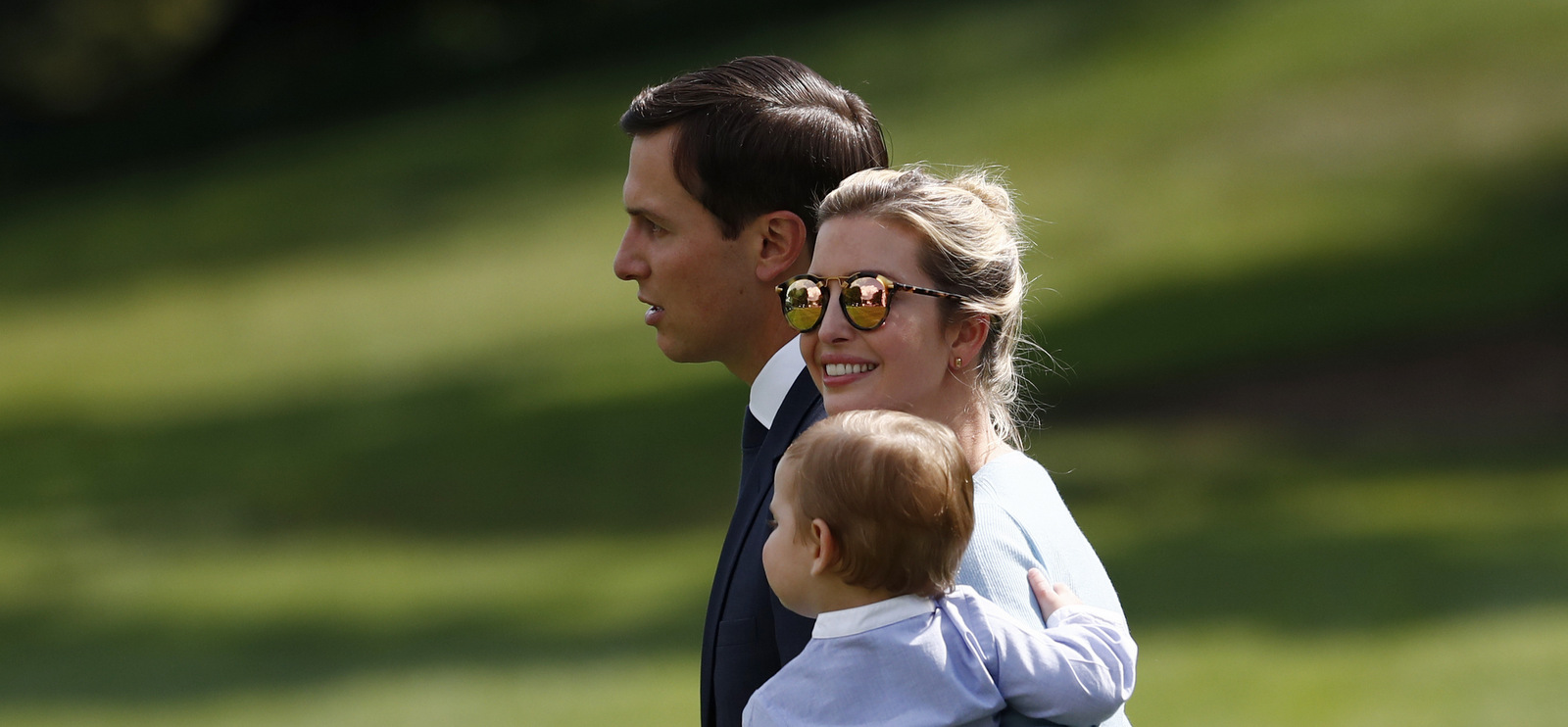 Ivanka Trump, the daughter of President Donald Trump, her husband White House senior adviser, Jared Kushner, and their son Theodore Kushner walk on the South Lawn of the White House Washington, Friday, Aug. 25, 2017, to Marine One en route to Camp David, Md. (AP/Carolyn Kaster)