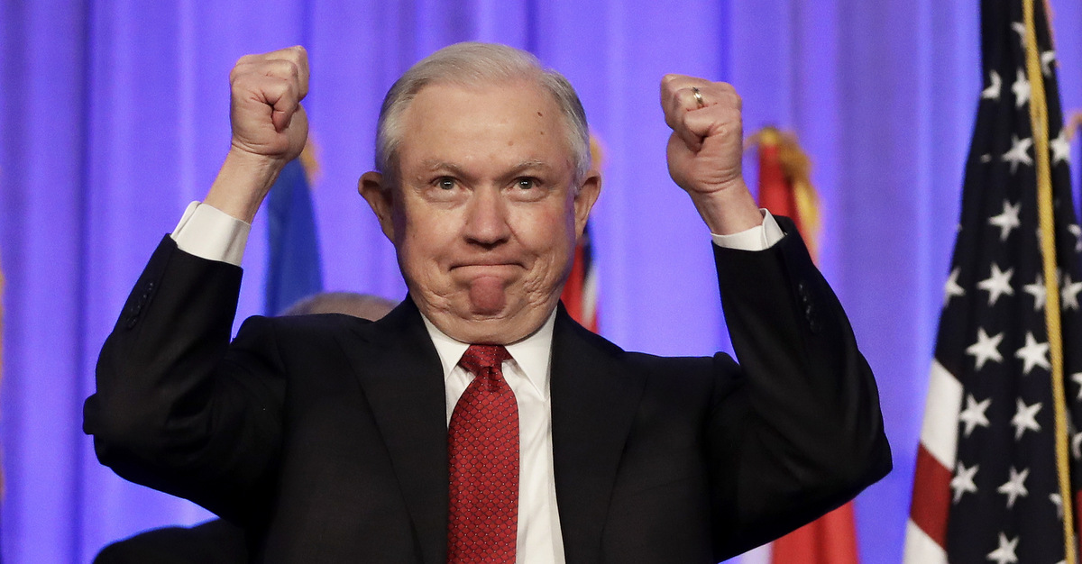 Attorney General Jeff Sessions acknowledges applause at the Fraternal Order of Police convention, Aug. 28, 2017, in Nashville, Tenn, where Sessions announced that President Donald Trump will revive a program that provides local police departments with surplus military equipment such as high-caliber weapons and grenade launchers. (AP/Mark Humphrey)