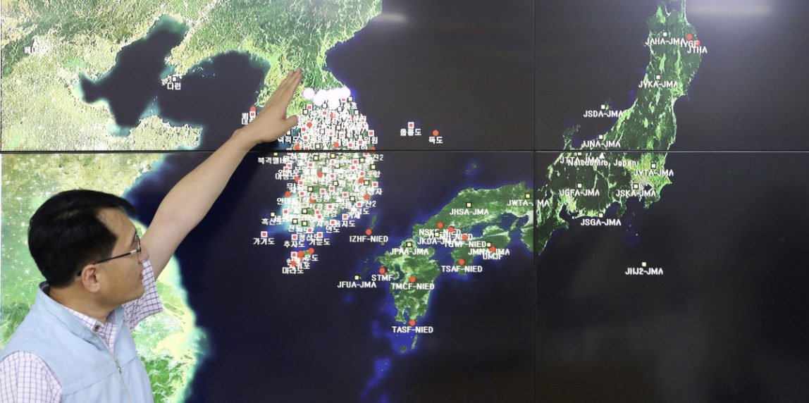 Earthquake and Volcano of the Korea Monitoring Division Director Ryoo Yong-gyu speaks to the media about North Korea's artificial earthquake with a map of the Korean peninsular in Seoul, South Korea, Sunday, Sept. 3, 2017. North Korea said it set off a hydrogen bomb Sunday in its sixth nuclear test, which judging by the earthquake it set off appeared to be its most powerful explosion yet.(AP/Lee Jin-man)