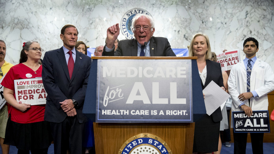 Sen. Bernie Sanders, I-Vt., center, joined by Sen. Richard Blumenthal, D-Conn., center left, Sen. Kirsten Gillibrand, D-N.Y., center right, and supporters, speaks at a news conference on Capitol Hill in Washington, Wednesday, Sept. 13, 2017, to unveil their Medicare for All legislation to reform health care. (AP/Andrew Harnik)