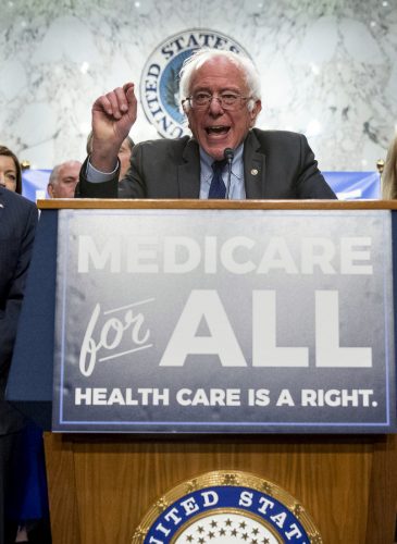 Sen. Bernie Sanders, I-Vt., center, joined by Sen. Richard Blumenthal, D-Conn., center left, Sen. Kirsten Gillibrand, D-N.Y., center right, and supporters, speaks at a news conference on Capitol Hill in Washington, Wednesday, Sept. 13, 2017, to unveil their Medicare for All legislation to reform health care. (AP/Andrew Harnik)